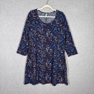 Cubism Sweater Babydoll Dress Large Navy Paisley Tunic Flowy Thin Modest Comfort